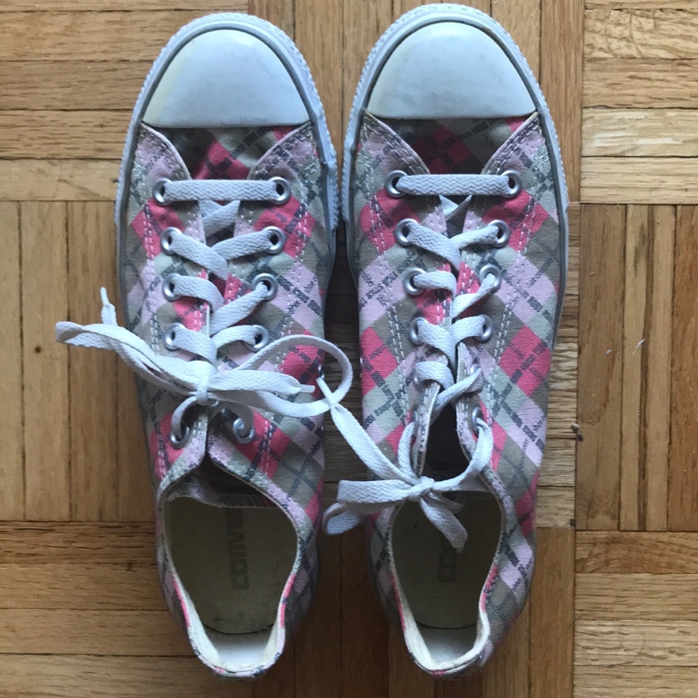 Pink and green checkered Converses